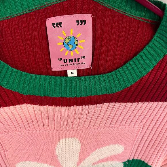 UNIF Dolly Sweater Womens Medium Rainbow Striped Daisy Flower Knit Top Grunge - Picture 2 of 7